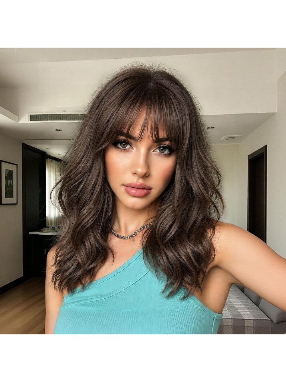 Women's Medium Brown Natural Looking 18 Inch Classic Synthetic Layered Wavy Wigs